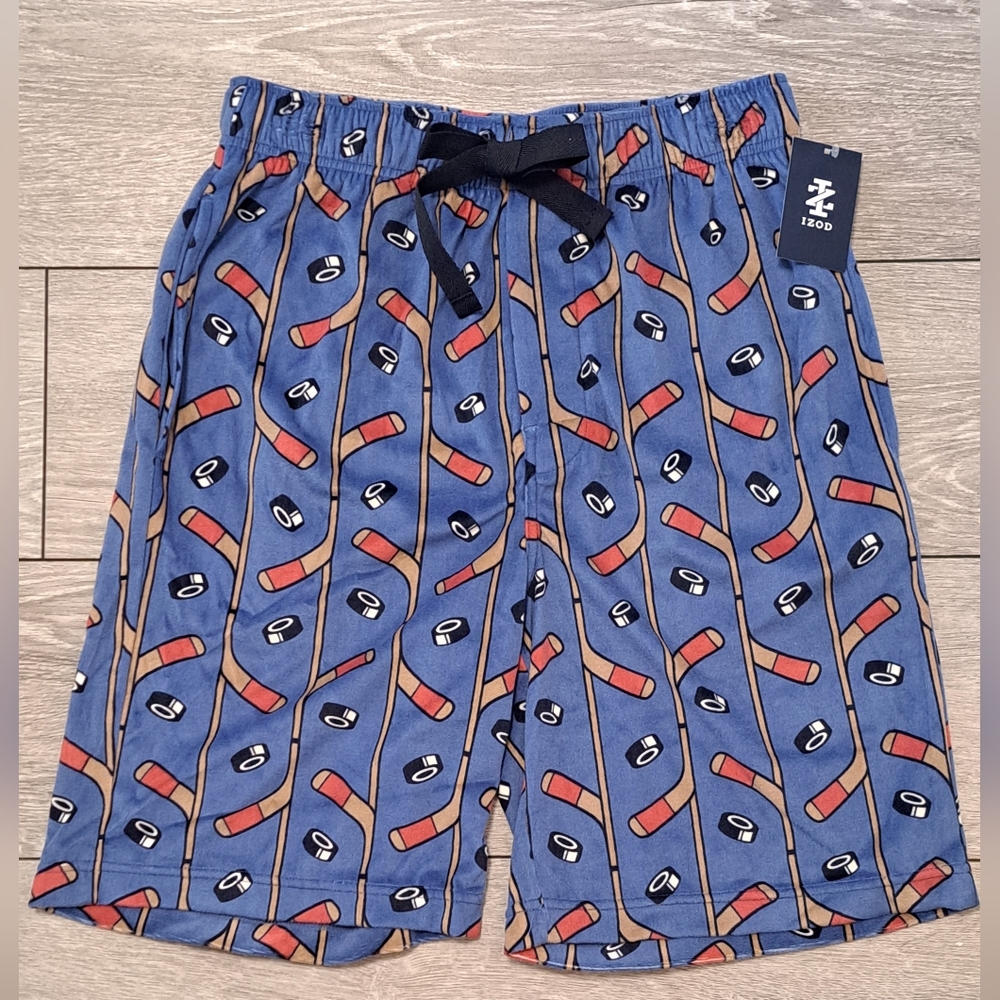 New IZOD Men's Blue Silky Fleece   Sleep Shorts With Hockey Sticks & Puck Design